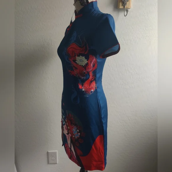 🆕 Authentic Chinese Blue & Red Qipao midi Dress Koi fish cherry blossom fans_Sm - Picture 5 of 11